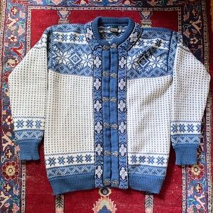 Vintage Dale of Norway Blue Wool Cardigan Sweater Large XL Nordic Fair Isle